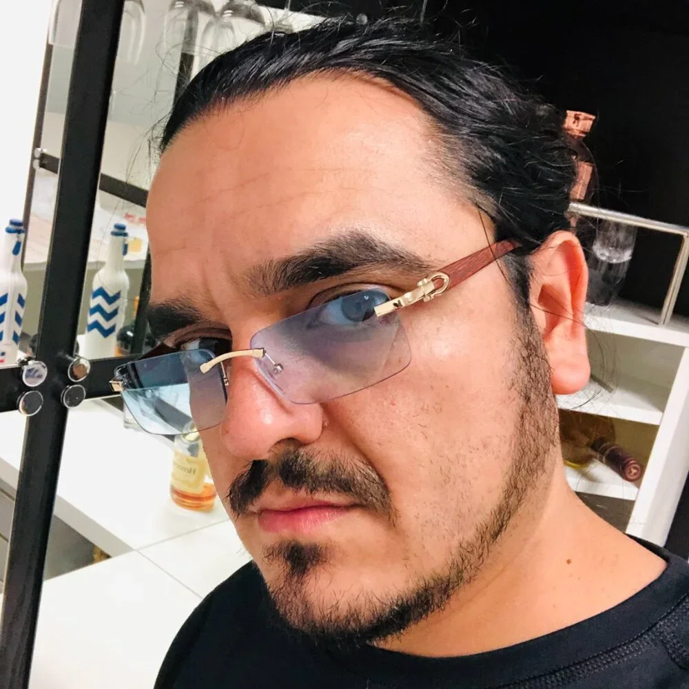 Men Sunglasses Hip Hop Blue Lens Dark Woody Arms‎ Trendy Rimless Sophisticated